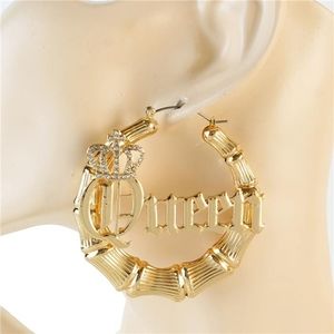 Gold QUEEN Hoop Bamboo Door Knocker Earrings 2.5" Statement Jewelry Accessories